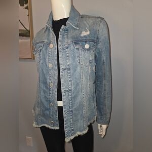 Blank NYC Blue Denim Jean Distressed Fringe Frayed Jacket XS